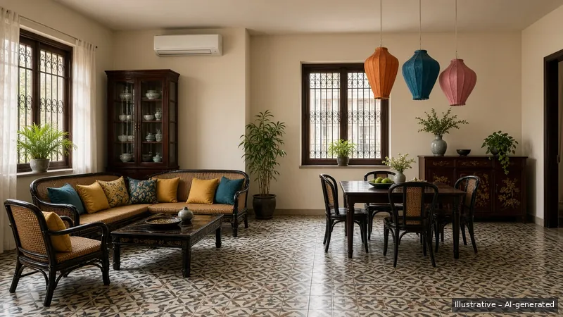 Living and dining — Vietnamese Indochine, HDB 4-room (illustrative)