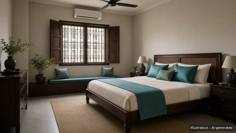 Master bedroom — Vietnamese Indochine, HDB 4-room (illustrative)