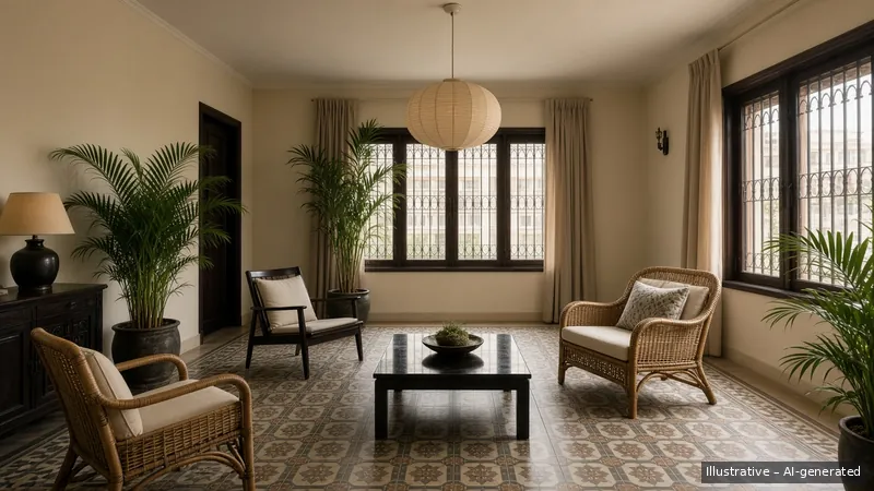 Living — Vietnamese Indochine, HDB 5-room (illustrative)