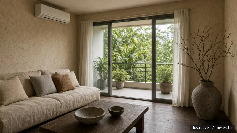 Living and balcony — Wabi-Sabi Earth, Condo (illustrative)