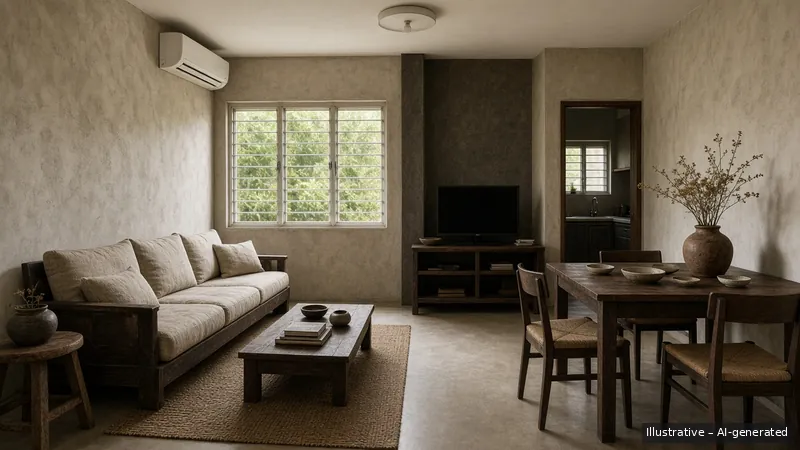 Living and dining — Wabi-Sabi Earth, HDB 3-room (illustrative)