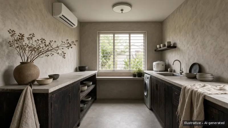 Galley kitchen — Wabi-Sabi Earth, HDB 3-room (illustrative)