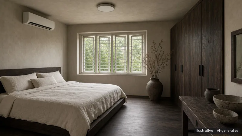 Master bedroom — Wabi-Sabi Earth, HDB 4-room (illustrative)