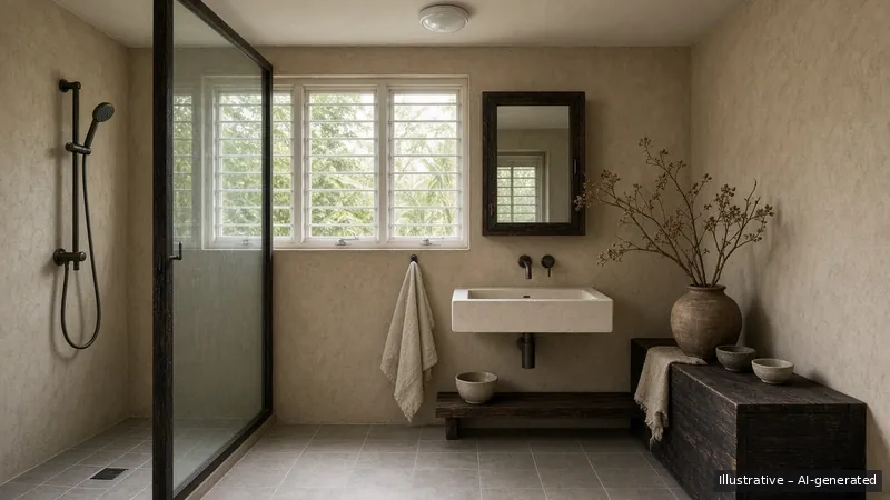 Bathroom — Wabi-Sabi Earth, HDB 4-room (illustrative)