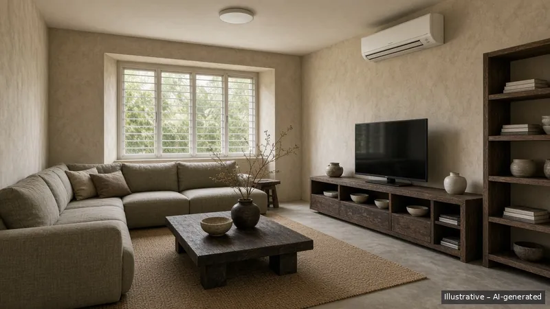 Living — Wabi-Sabi Earth, HDB 5-room (illustrative)